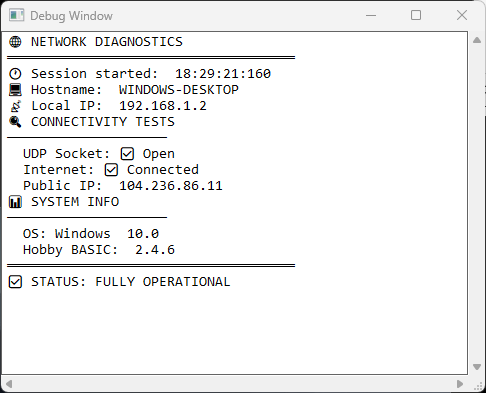 UDP and internet testing with visual DEBUG() output